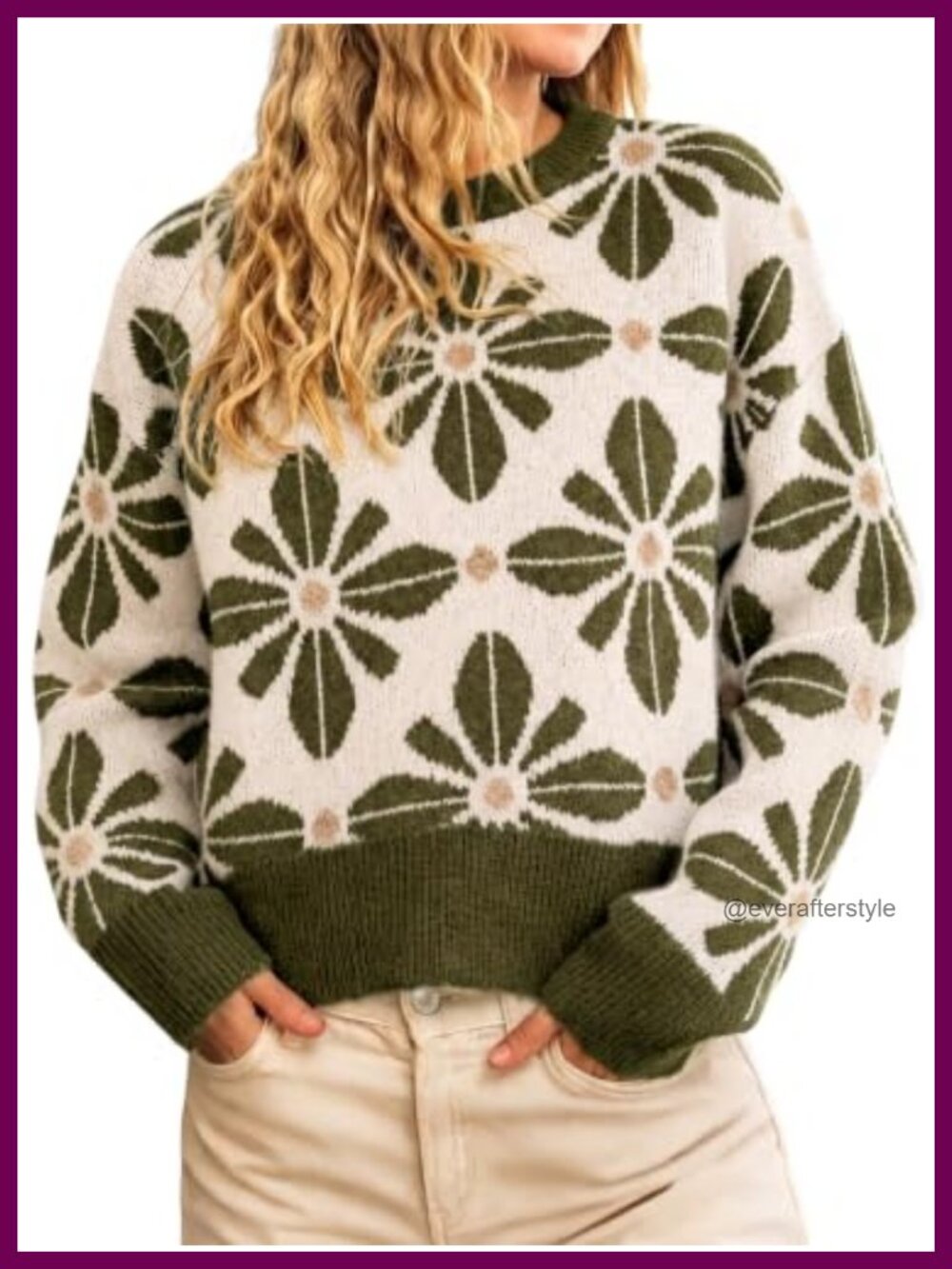Cicy Bell Womens Long Sleeve Floral Crew Neck Pullover Sweater Knit Top